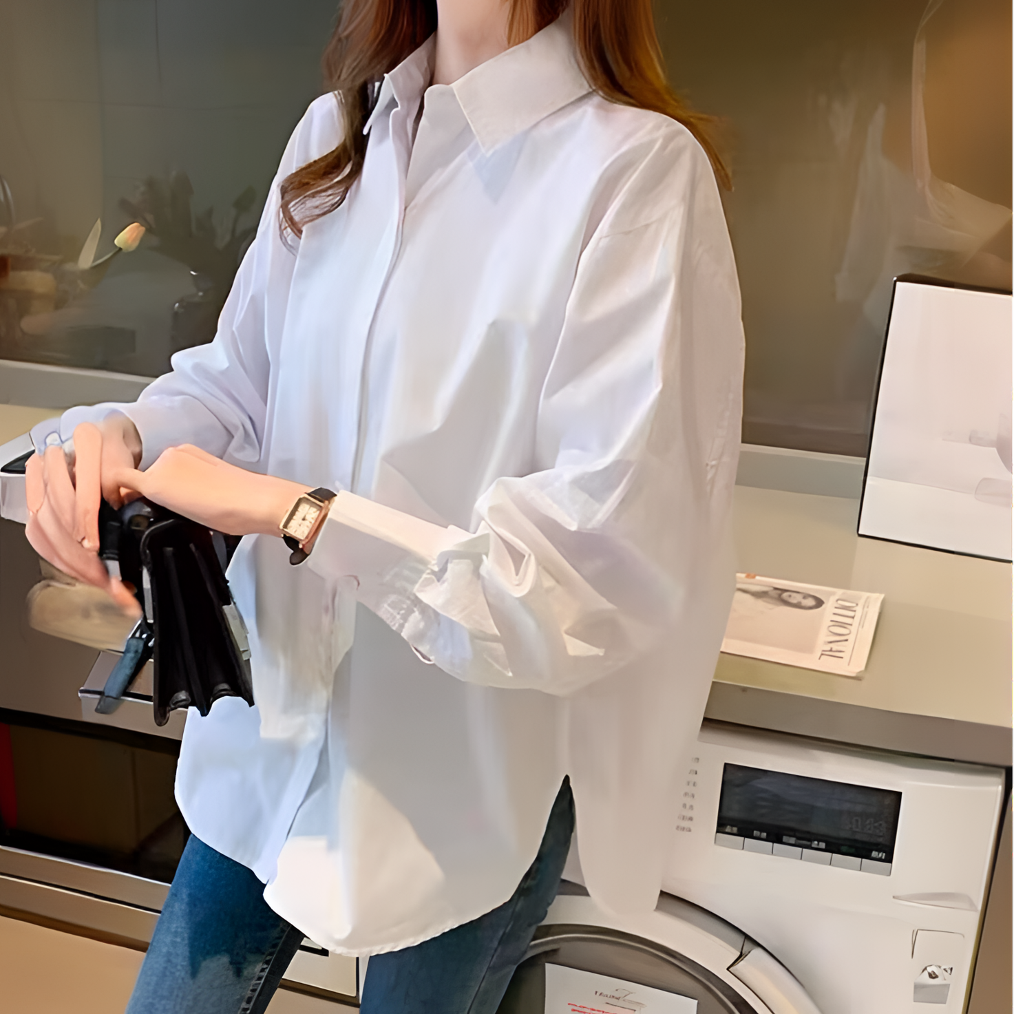 中长气质加宽大板型翻领双门襟微胖大码女装长袖春季白色衬衫衬衣