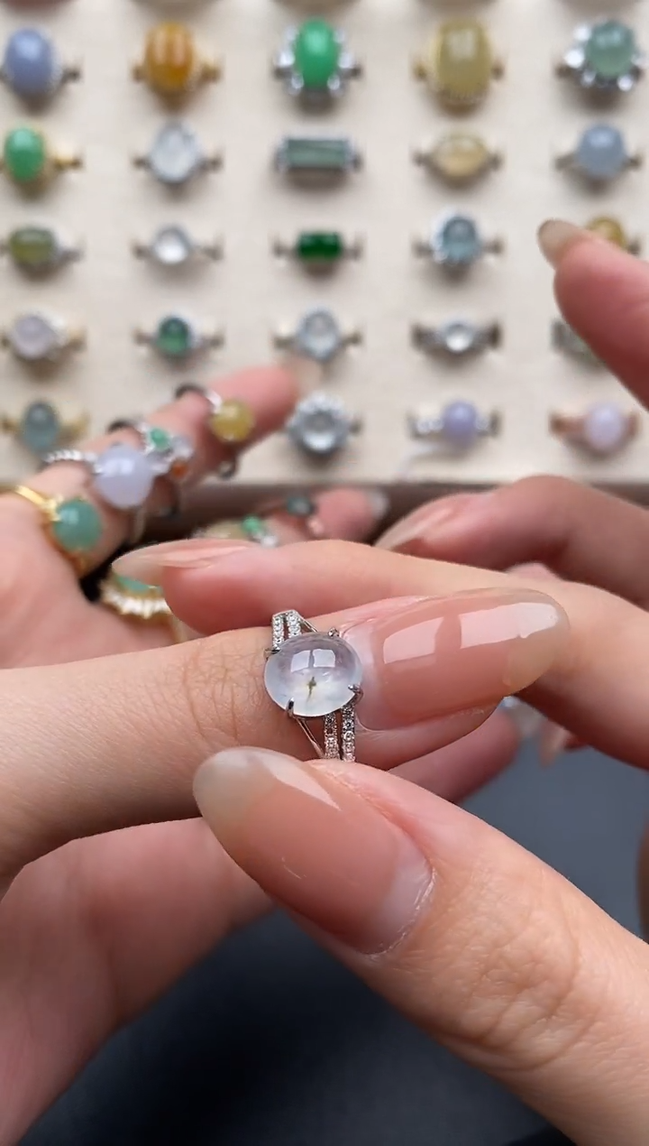 银S925镶嵌戒指翡翠一物一证一礼盒有色花