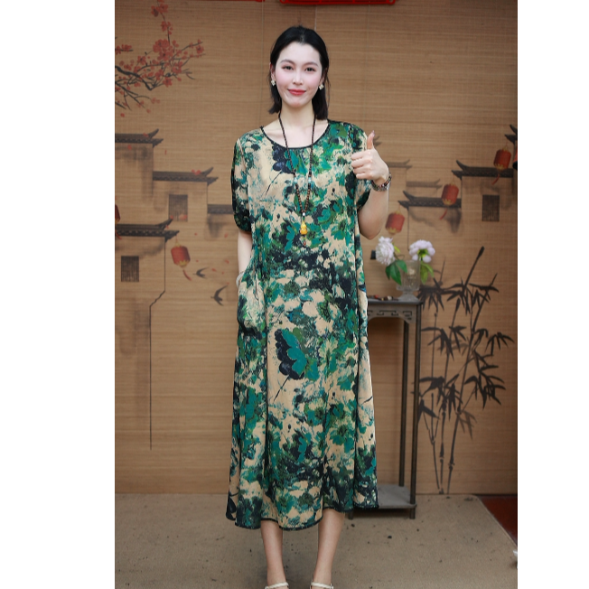 【蓝夫人 可双面穿 荷塘月色】 ·女装碎花裙瘦连衣裙气质长裙短袖