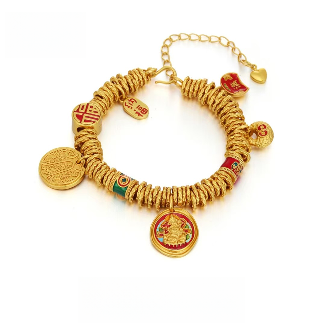 铜合金手链 韦雪同款珐琅彩黄财神胖福盘缠手链铜镀k金手链