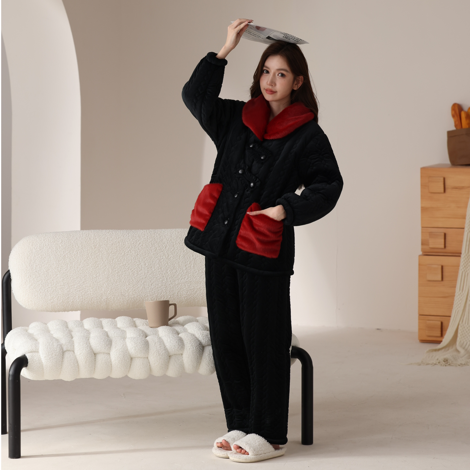 【丹漆随梦】三层夹棉秋冬季加绒加厚睡衣女贵妇冬款家居服翻领套装