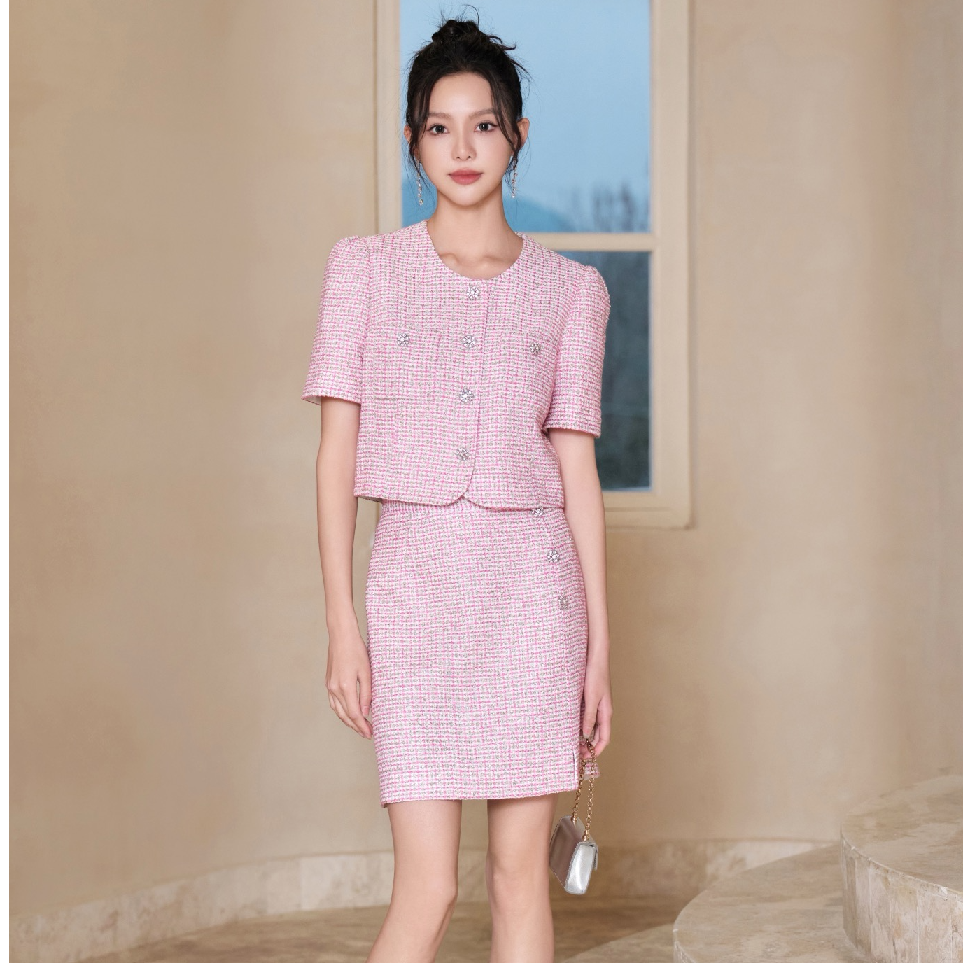 COCOON小香风套装斜纹软呢玫红色商务通勤单排扣春夏季针织气质