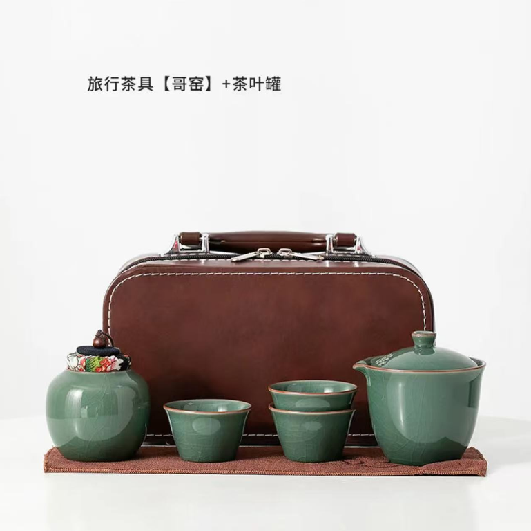  简约旅行茶具小套装可携式快客杯汝窑开片陶瓷户外泡茶壶【ZY】