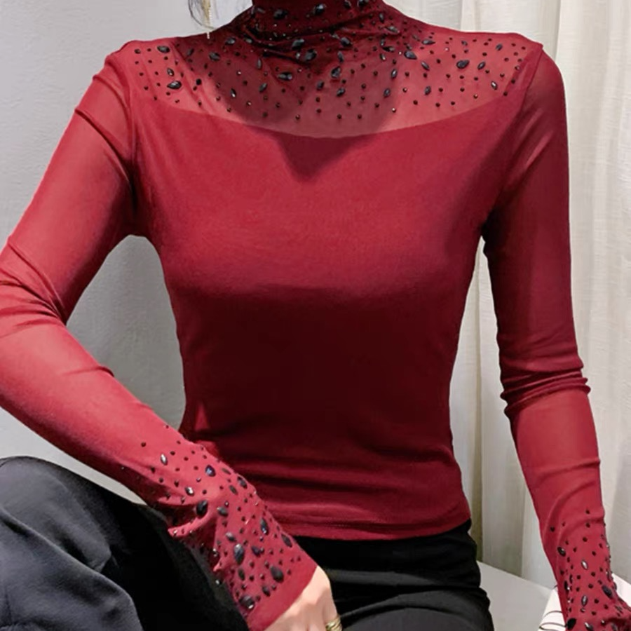 重工烫钻网纱半高领打底衫女秋冬欧货时尚洋气内搭长袖t恤上衣潮
