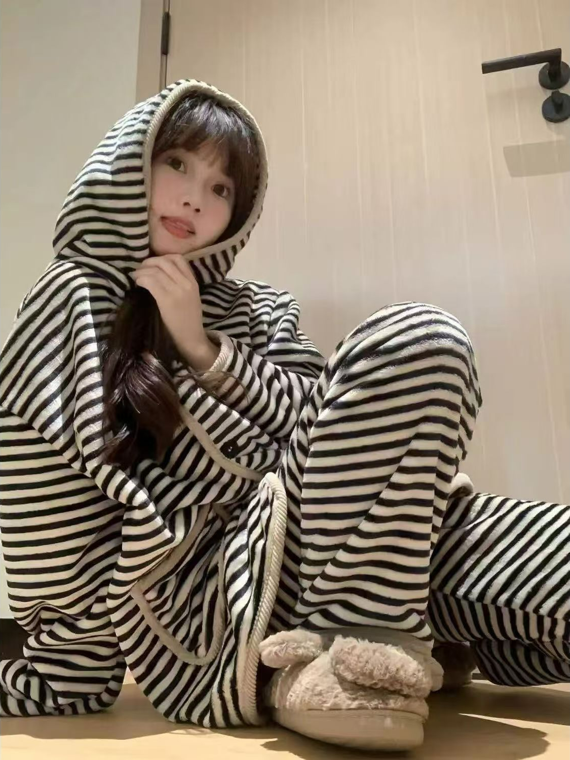 可外穿秋冬年新款加厚加绒法兰绒睡衣套装冬季天家居服套装保暖