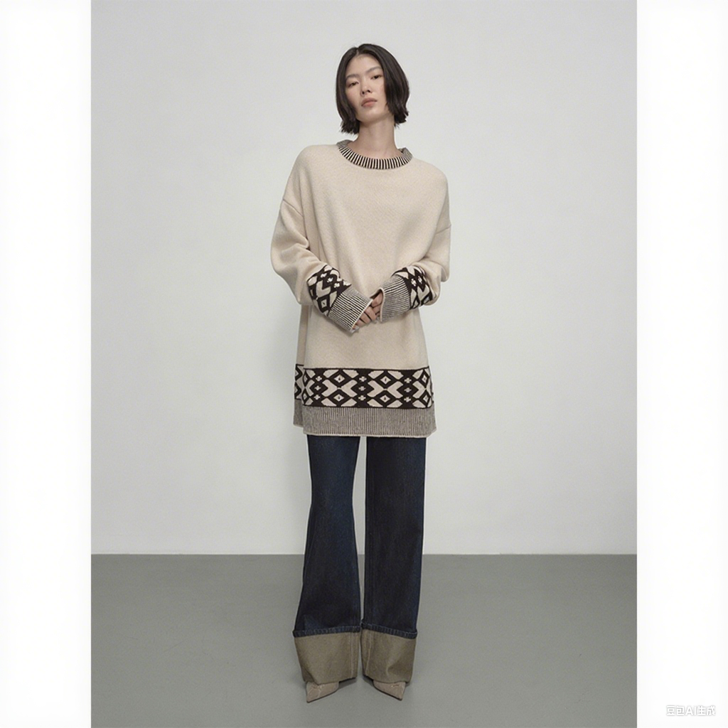 IC重磅纯棉阔腿牛仔裤女春季新款撞色折边长裤子