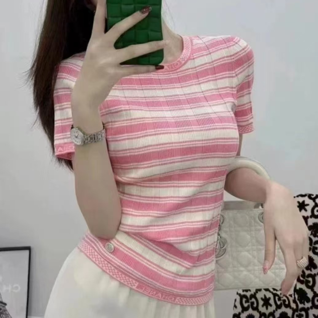 99新 Chanel/香奈儿 38码23C粉白条纹针织短袖上衣