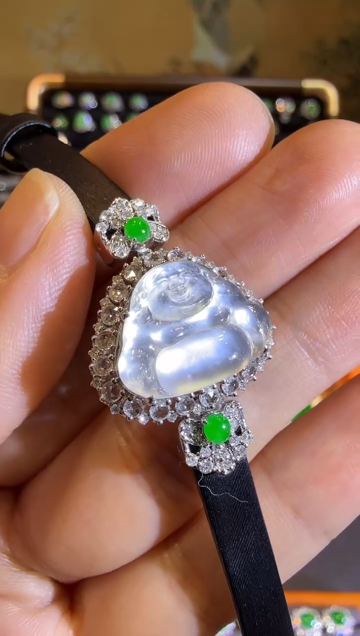 【闪购商品】翡翠手链18K金镶嵌玻璃种极光白佛公