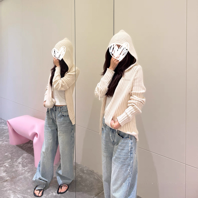 FCYSTUIDOHZJ双面织拉链竖条连帽针织开衫女秋季修身显瘦气质上衣