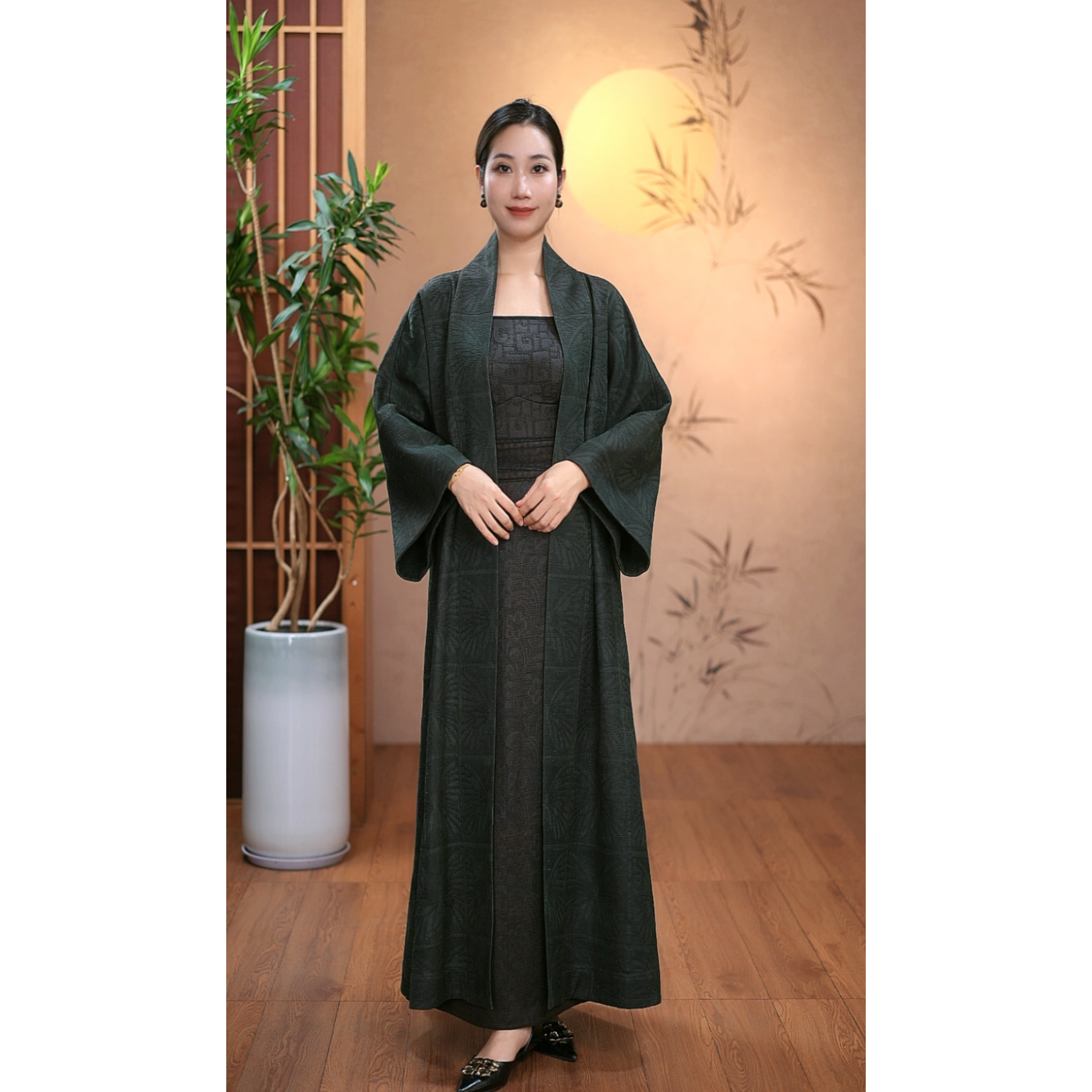 【二十四慢】柞蚕丝老料香云纱绿蝴蝶大衣女士休闲百搭端庄大气