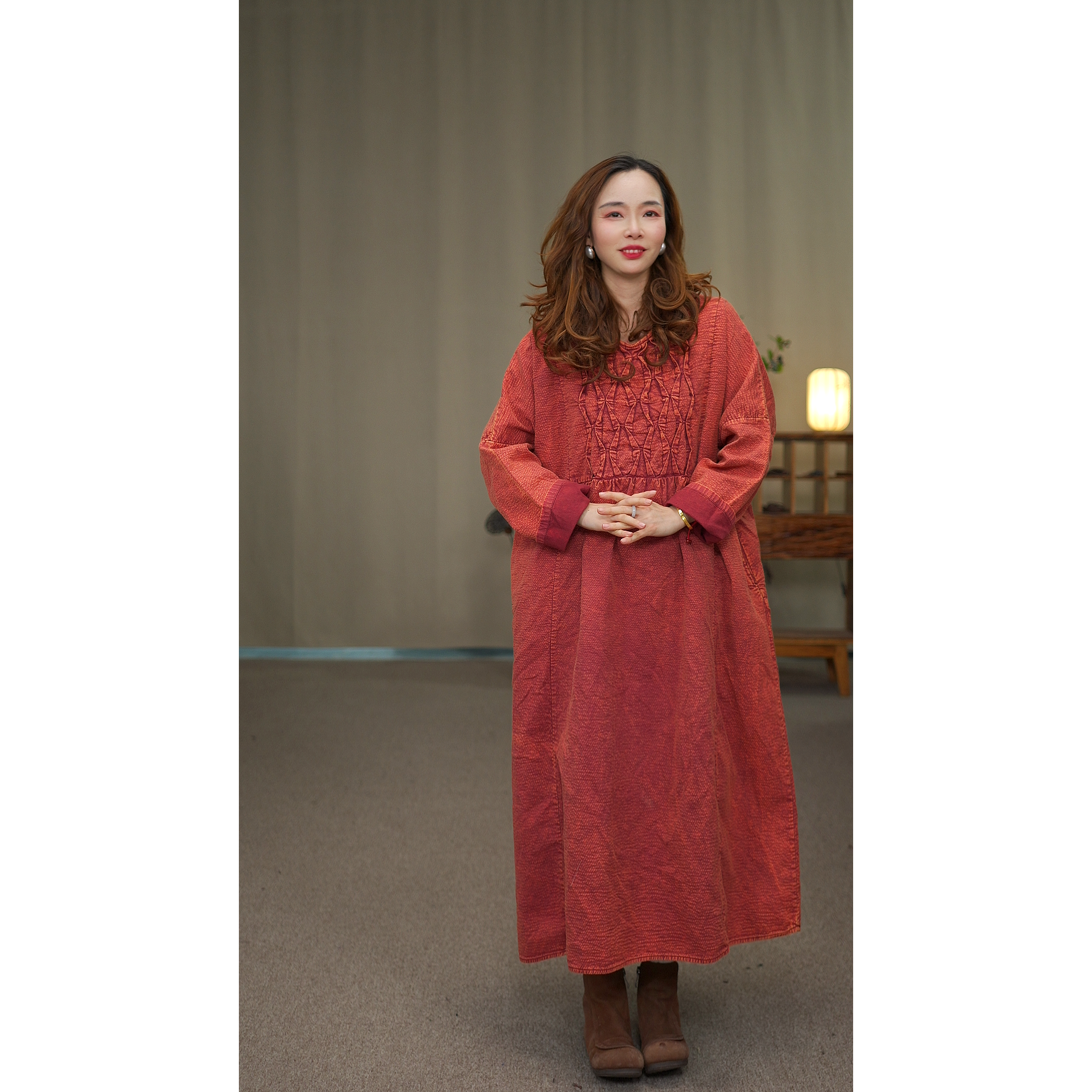 花璟与麻原创设计款圆领拼接褶皱连衣裙 （裙长115胸围136）