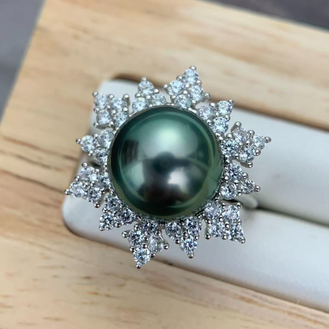 天然海水珍珠大溪地孔雀绿11mm戒指LY