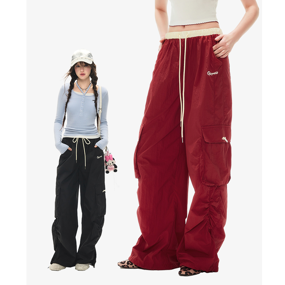 CHiCPARK美式工装复古风阔腿休闲裤撞色甜酷风抽绳褶皱设计感长裤