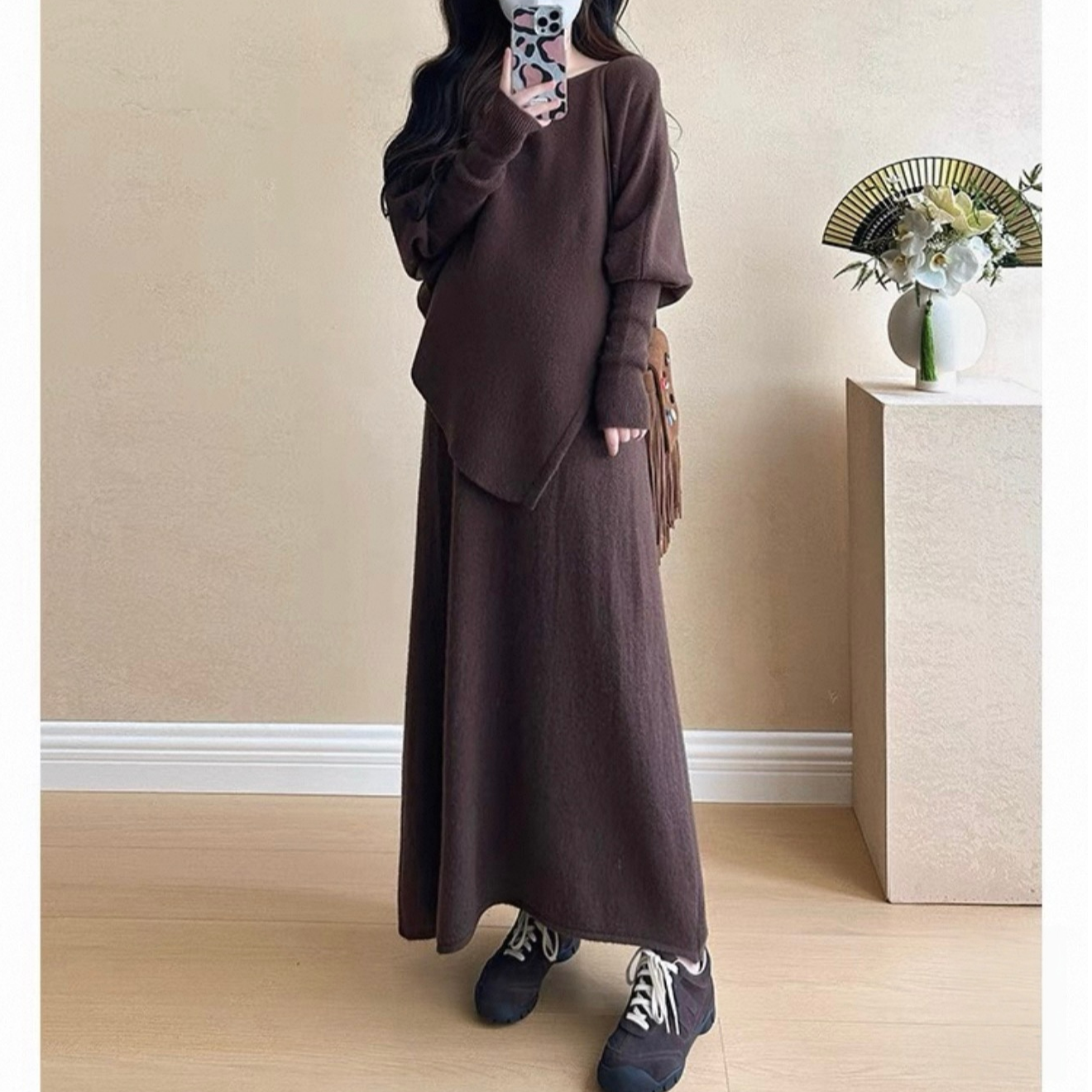 NICE圈圈/不等式蝙蝠袖可斜肩慵懒风宽松毛衣套装A8808