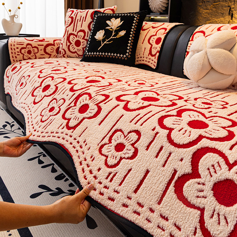 红色轻奢沙发垫防滑高档北欧简约加厚沙发坐垫防尘盖布巾冬季毛绒