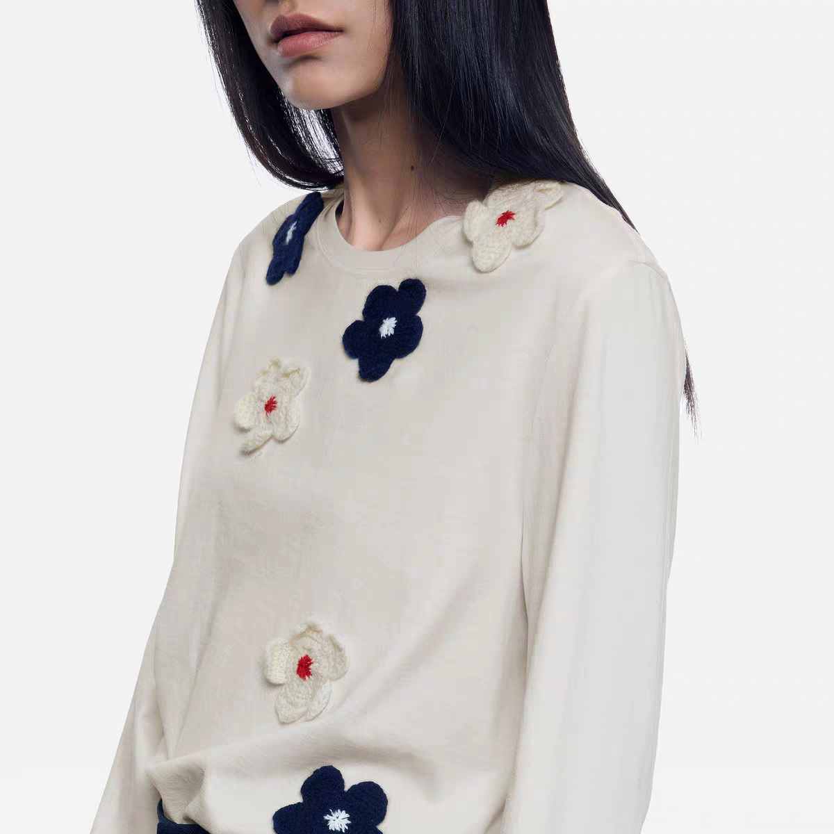 【立体花朵】钩花装饰H型圆领上衣内搭套头衫2713