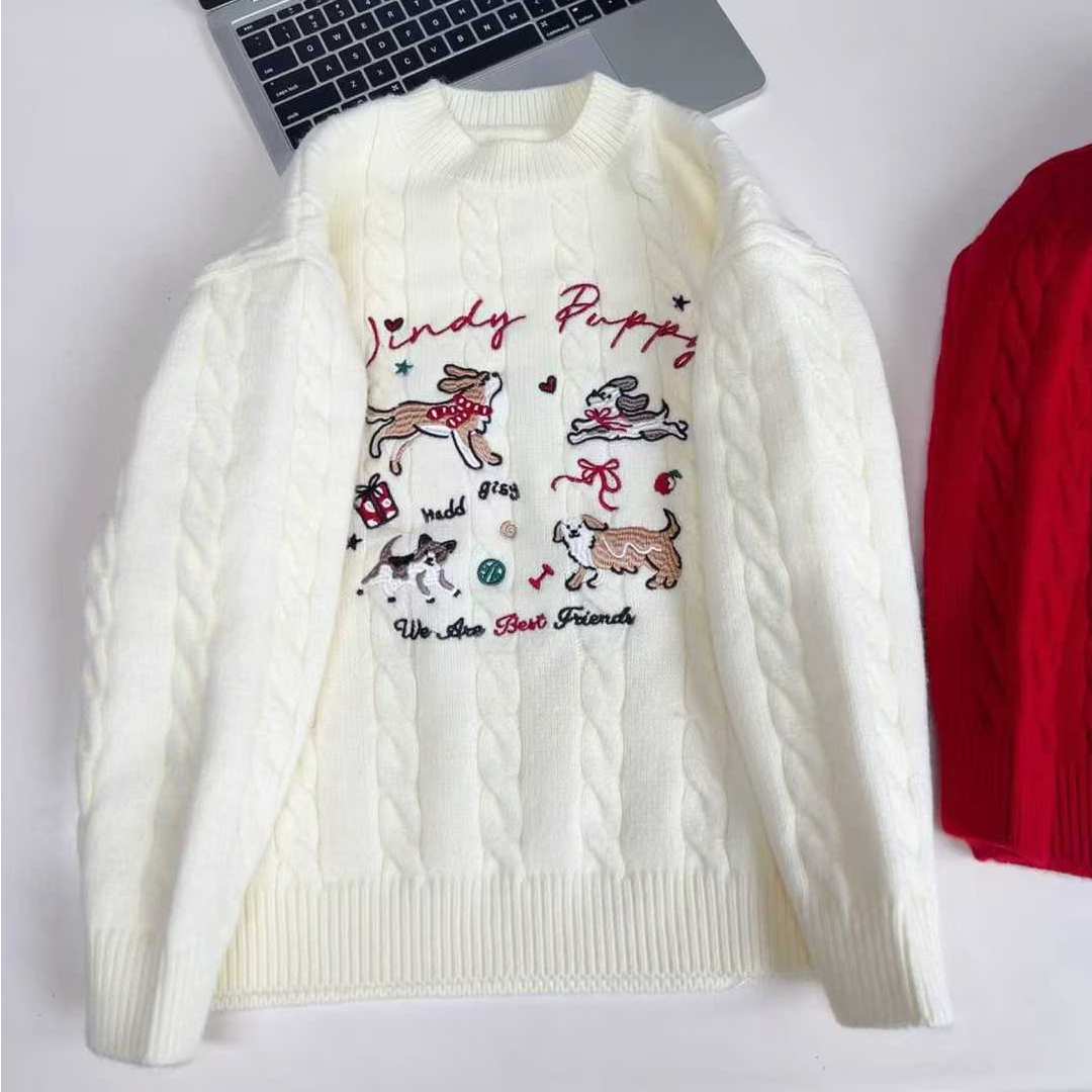 女童百搭韩版加绒圆领刺绣小狗毛衣1021
