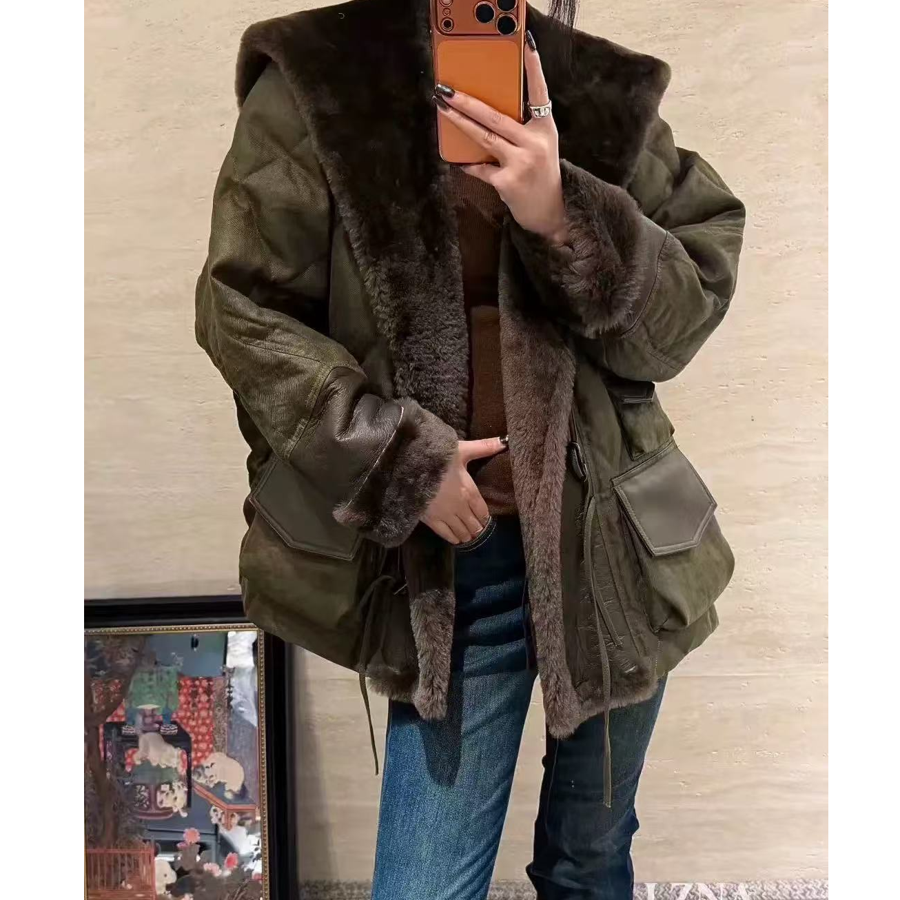 欧货韩版羊羔毛皮毛一体羽绒服大翻领真皮阔版大衣鹅绒外套