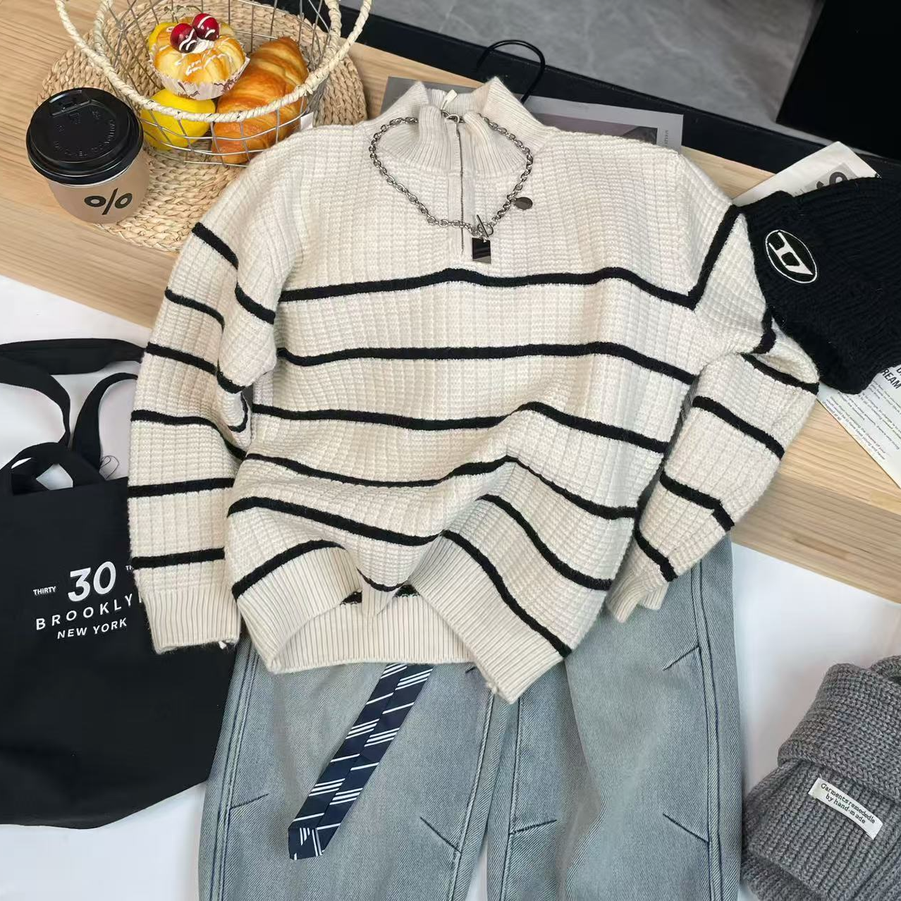 sisikids潮童米色条纹套头毛衣my2606