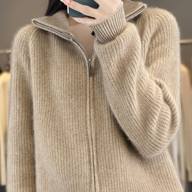 100纯羊毛高领拉链开衫女加厚针织上衣D368