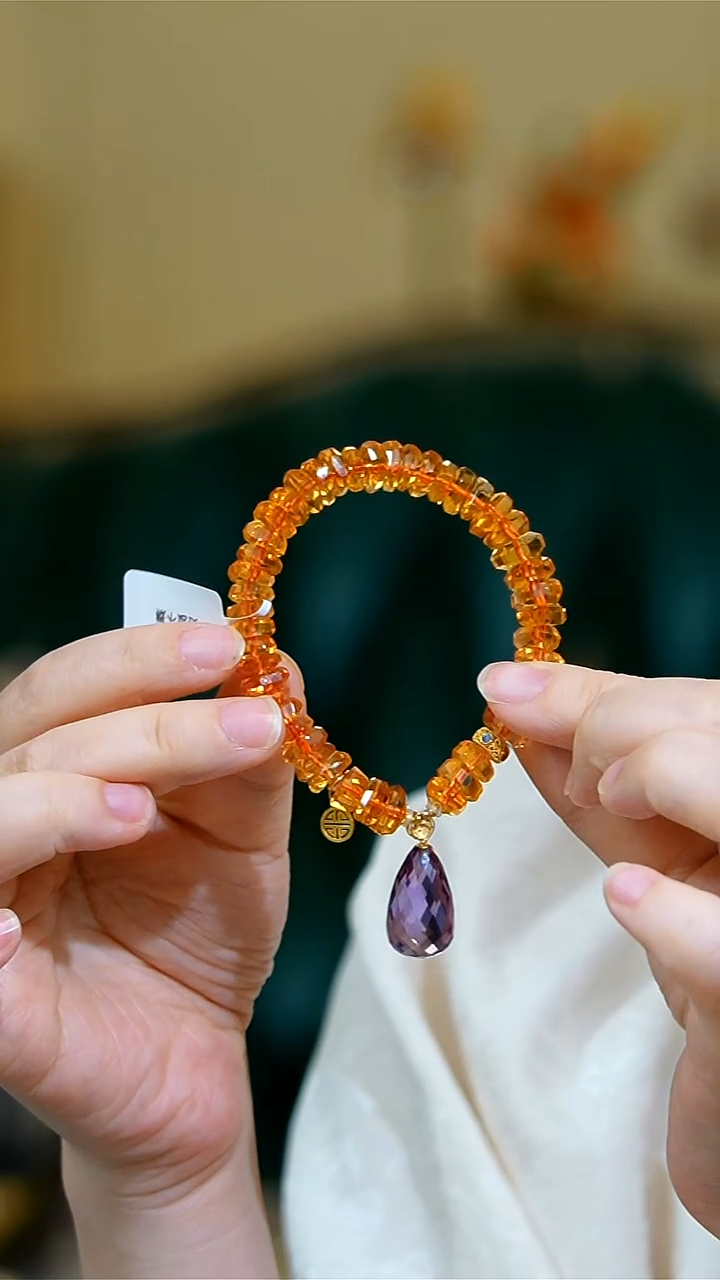 【闪购商品】水晶手链18K金镶嵌黄水晶盘切紫晶水滴18k单圈手链