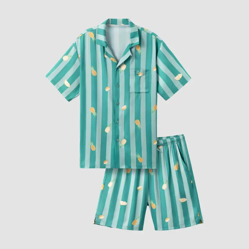 【DD外贸】 夏季透气凉感薄款印花刺绣睡衣通用居家套装