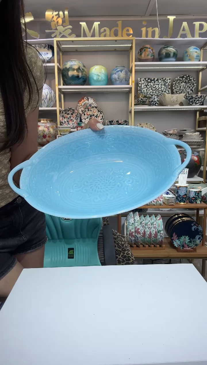 陶瓷青磁双耳椭圆钵31cm×19cm一支HS009