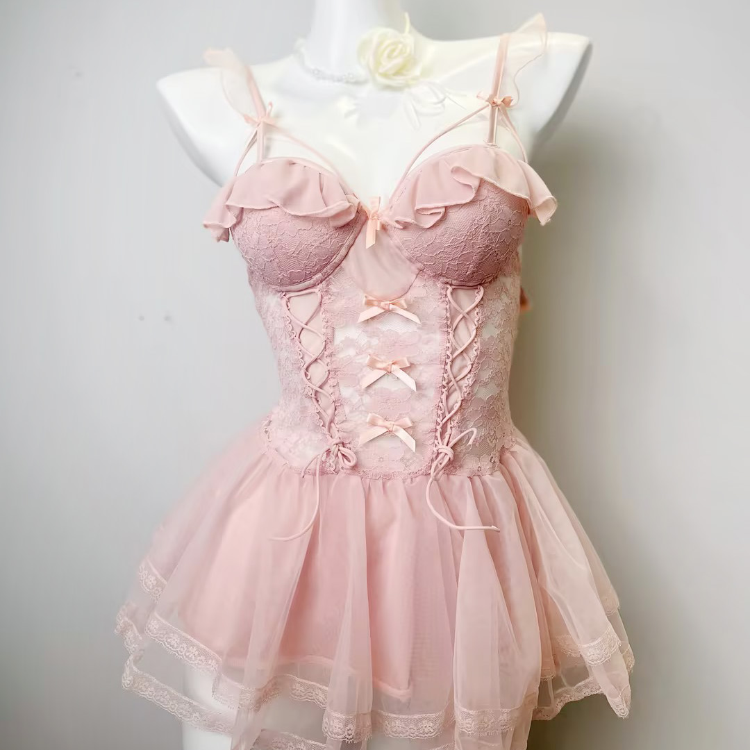 【绮梦】纯欲风少女网纱蕾丝甜美带胸垫吊带睡裙