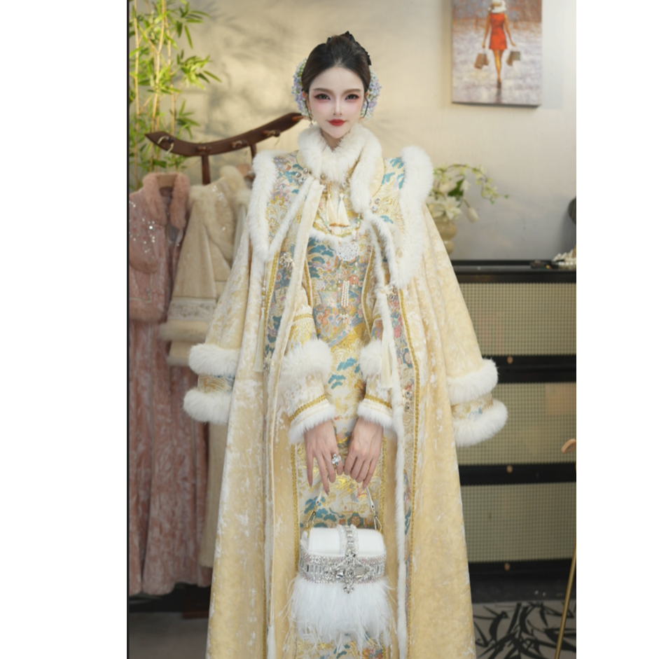 【花享悦·杏雪凝霜】冬季黄粉复古加绒显瘦保暖女装套装（5444+5454）