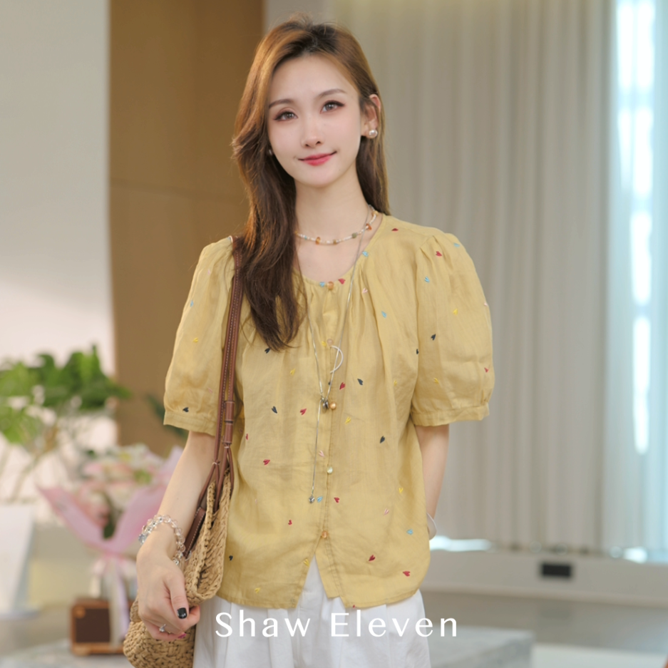 【Shaw Eleven】2025夏装法式彩色绣花爱心苎麻短袖衬衫2666