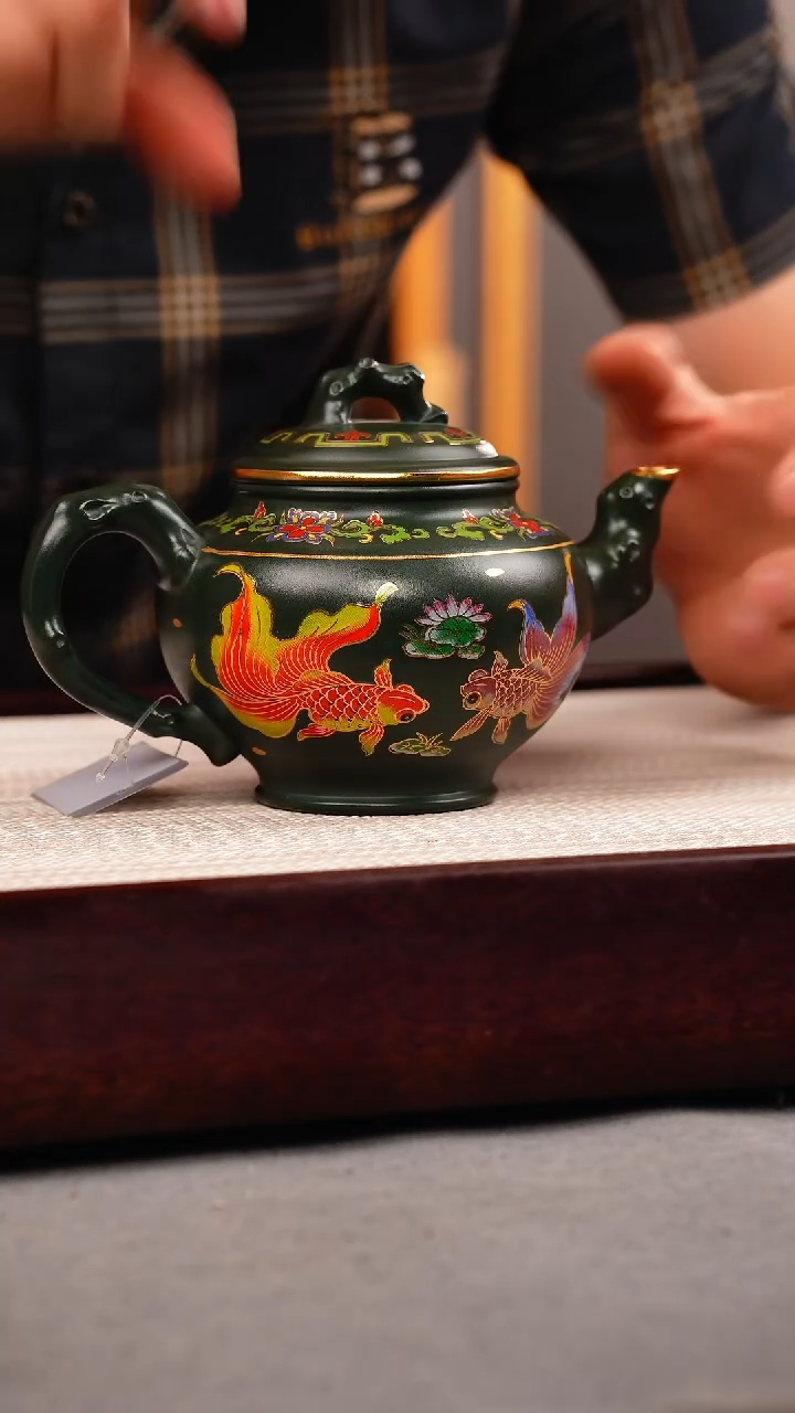 茶壶紫砂绿泥 报春 锦鲤珐琅彩