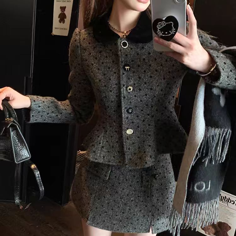 法式复古时尚黑色波点收腰毛呢外套半身裙冬季超好看小香风两件套