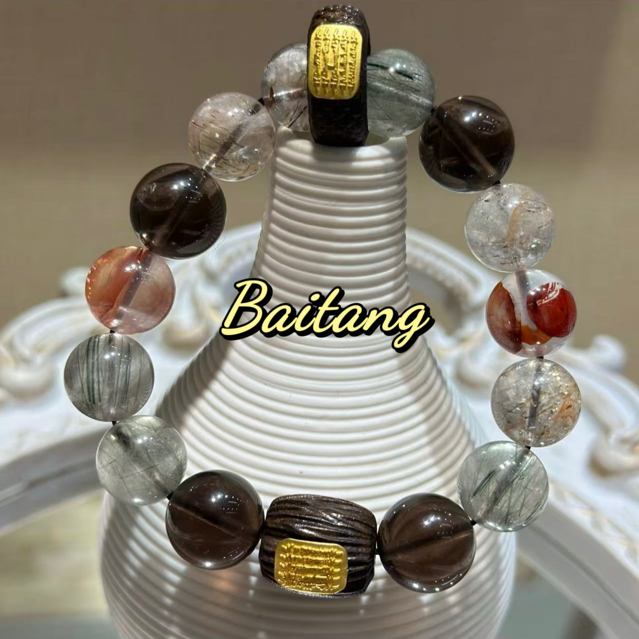 『山海财库』天然水晶黑金超+绿发晶红胶花设计手串 多样性发其一