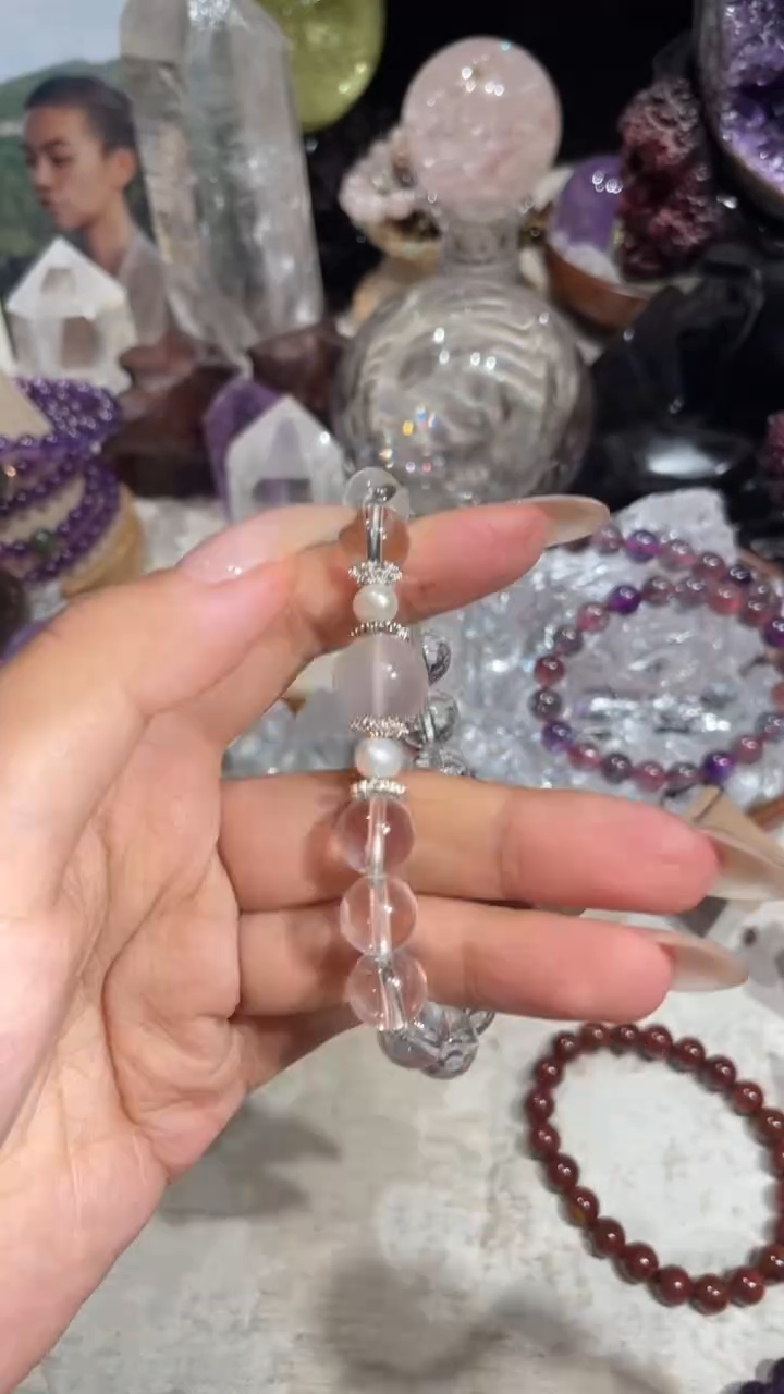 水晶手链合金白水晶粉水晶设计款手串