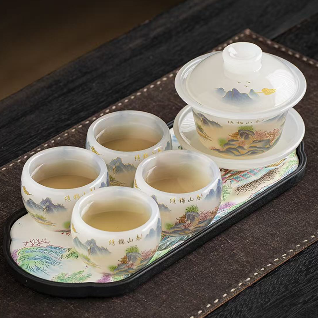 琉璃-锦绣山春盖碗四杯带茶盘@z519