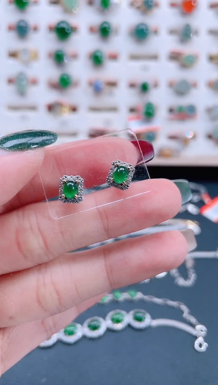 银S925镶嵌翡翠耳饰天然翡翠