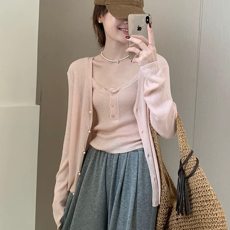 春夏大码休闲两件套花边吊带新款甜美气质简约女针织衫套装#9063