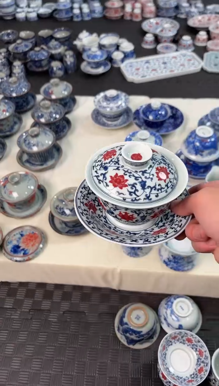 盖碗瓷心*景德镇陶瓷茶具元青花釉里红缠枝莲元宝盖碗