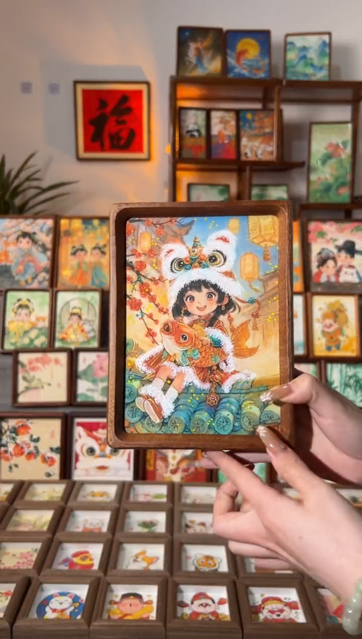 【闪购商品】国画孔明灯锦鲤女孩 手绘国画7寸画芯