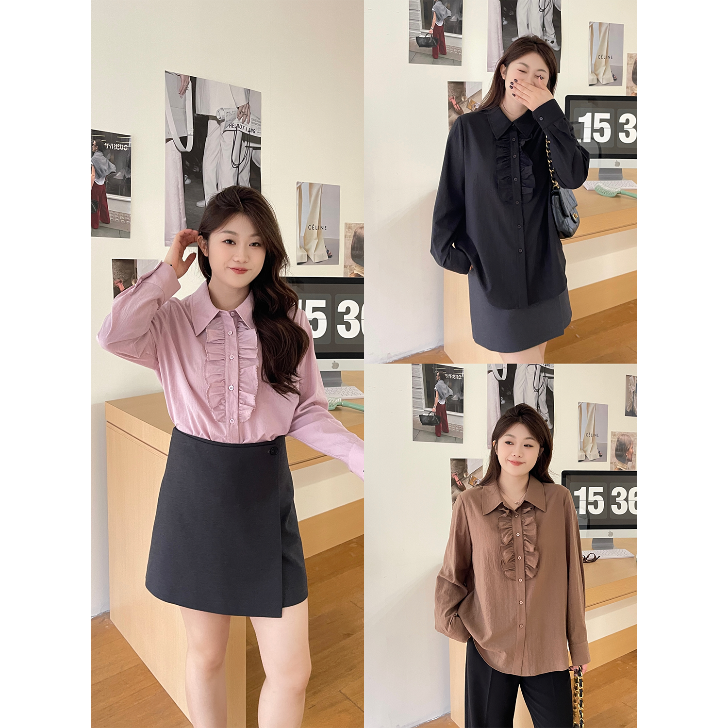 QC宣宣【栗子冰茶】微胖大码女秋气质百搭显瘦木耳边衬衫ZY508V03