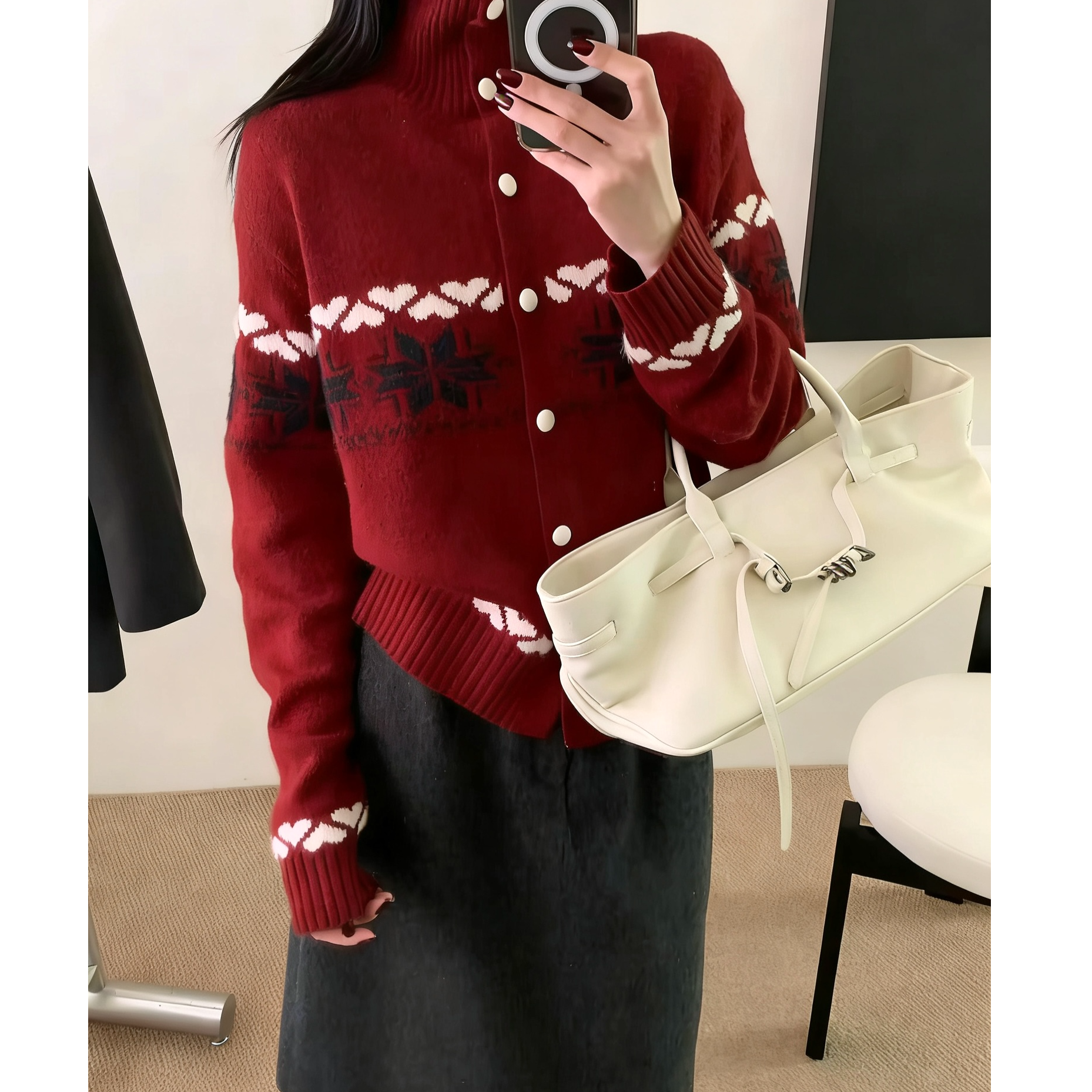 韩版圣诞费尔岛针织开衫内搭上衣软糯秋冬高领加厚毛衣外套宽松女