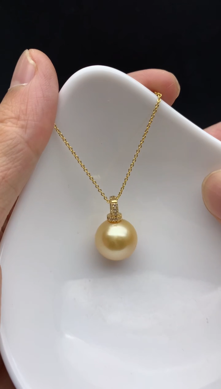 银S925镀金镶嵌ff海水珍珠金珠吊坠(赠链）13~14mm