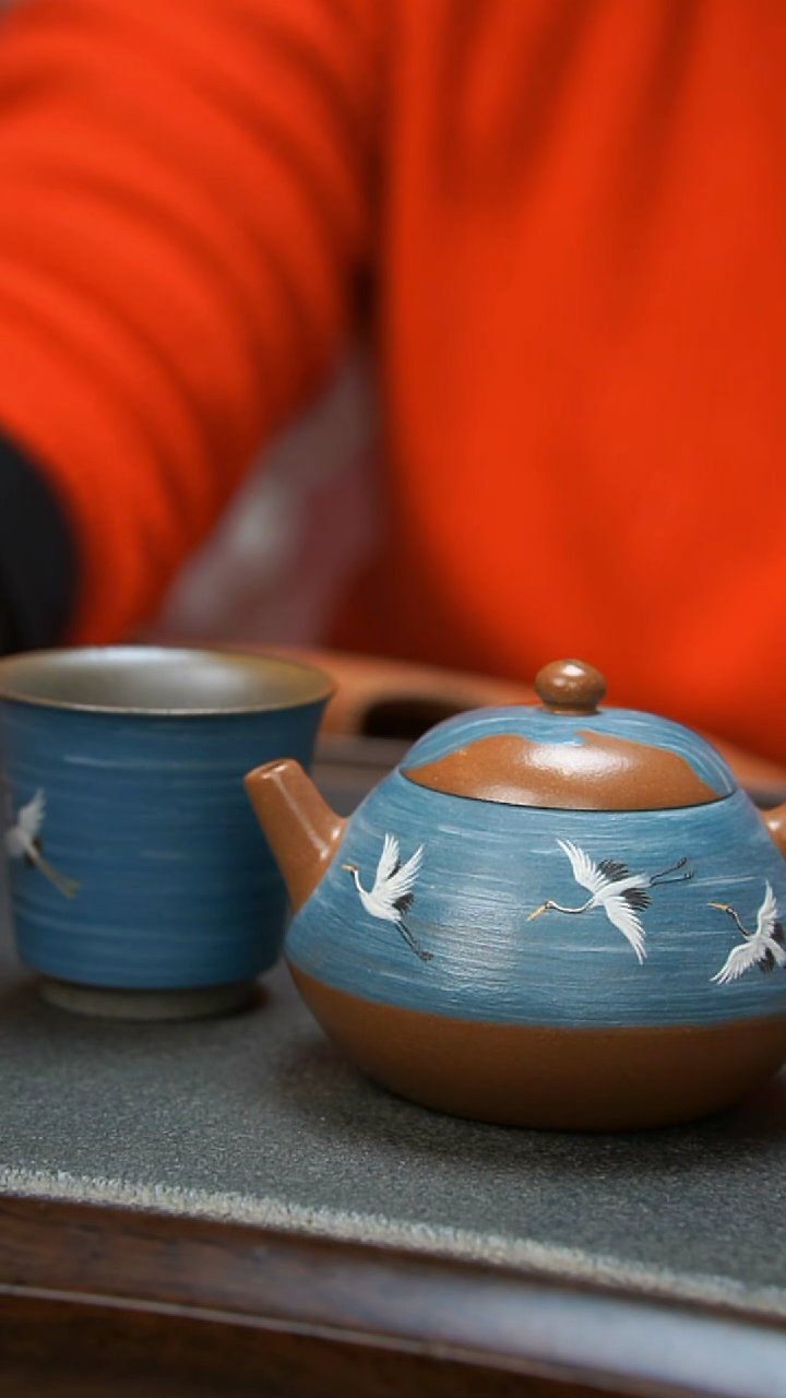 【闪购商品】紫砂茶壶海天一色瑞鹤壶+杯子套组