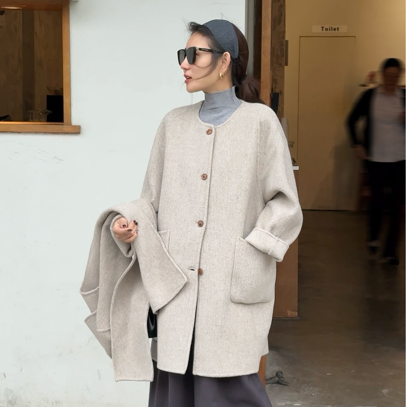 双面羊毛大衣新款韩版圆领AB面大衣秋冬毛呢外套中长款羊毛外套