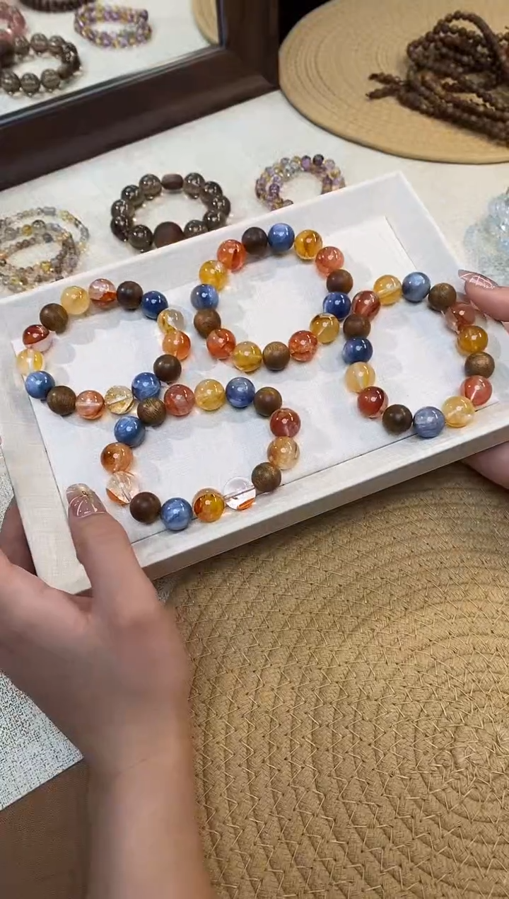 合金手链水晶《晨晓》锦鲤胶花蓝晶沉香设计手串13-14mm多样性发一