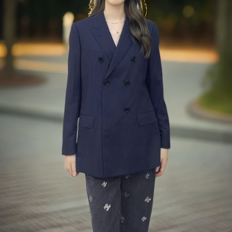 未使用 Celine/思琳 条纹长袖双排扣西装外套 深蓝/40