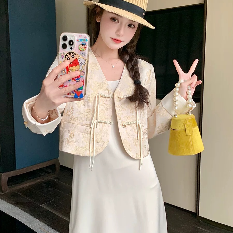 【嘎嘎.推荐】新中式高级设计印花盘扣小西服连衣裙两件套