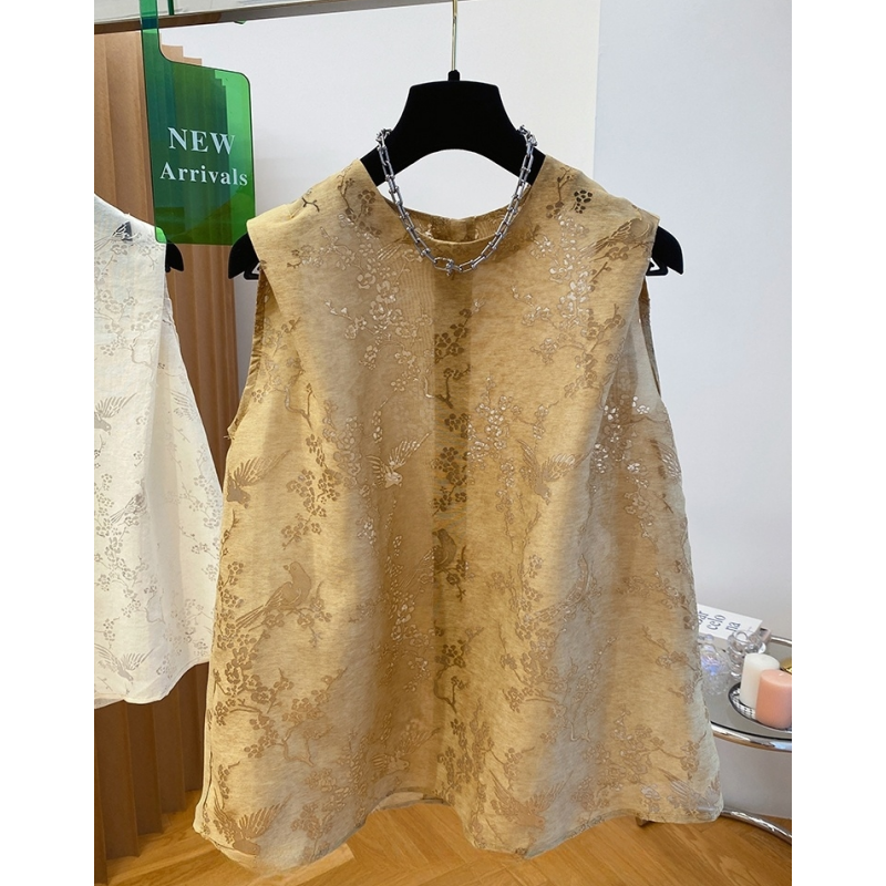 P0213高级感无袖上衣女2025新款镂空提花漂亮宽松洋气小衫娃娃衫