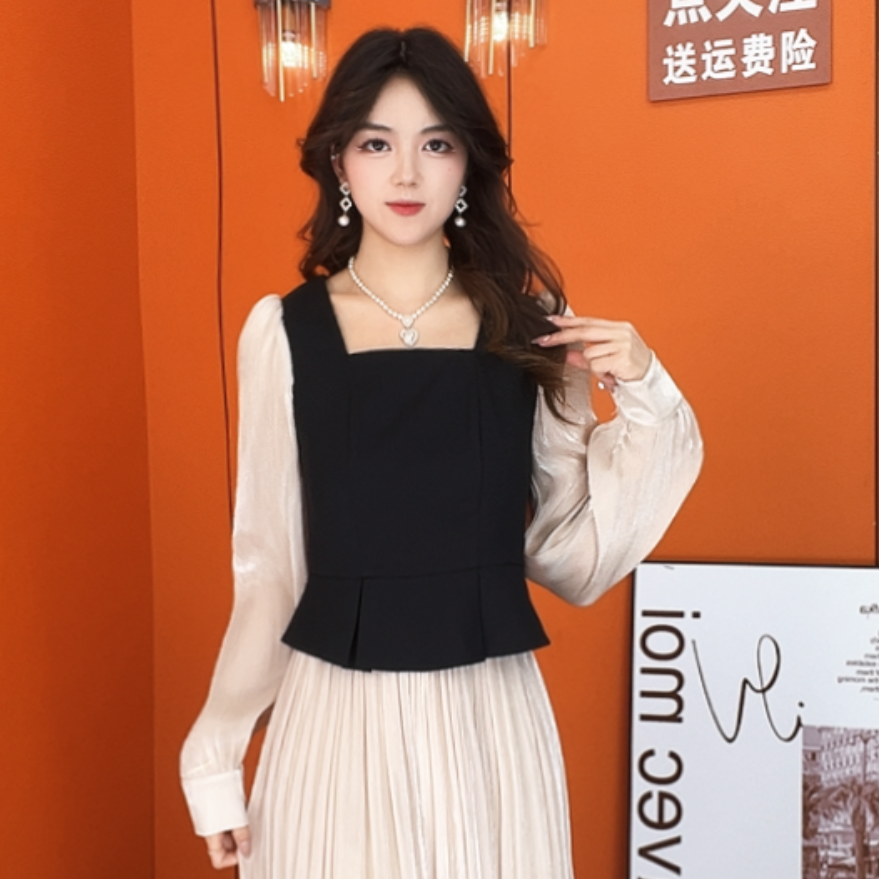 不规则层次感法式上衣女春季撞色假两件衬衫收腰显瘦