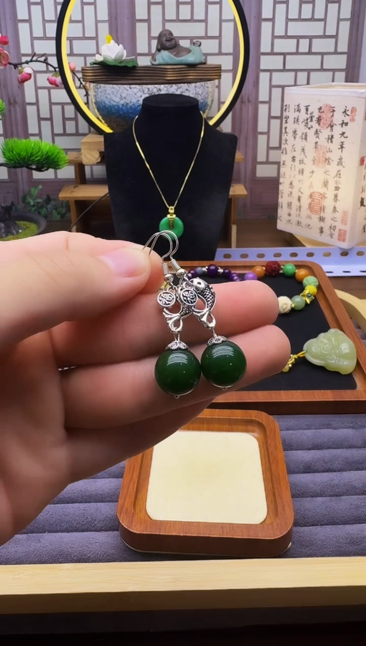 和田玉银S925镶嵌耳饰E10